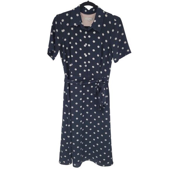 Sandra Darren 6 Navy white polka dot tie belt short sleeve midi shirt dress - Picture 1 of 12